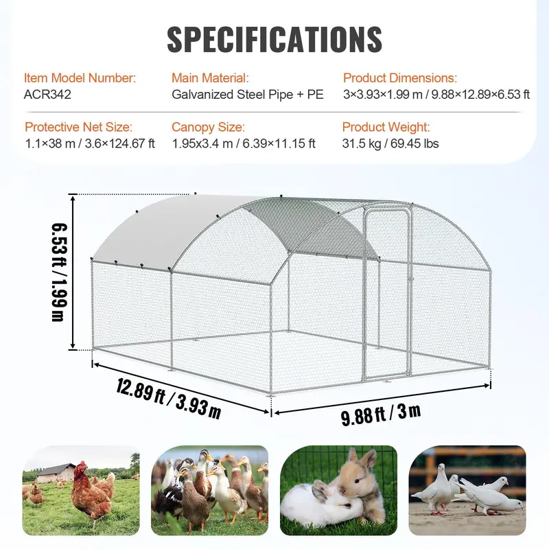 VEVOR Large Metal Chicken Coop, 9.8x12.9x6.6 ft Walk in Chicken Run for Yard with Waterproof Cover, Doom Roof Hen House with Security Lock for Outdoor and Backyard, Farm, Duck Rabbit Cage Poultry Pen