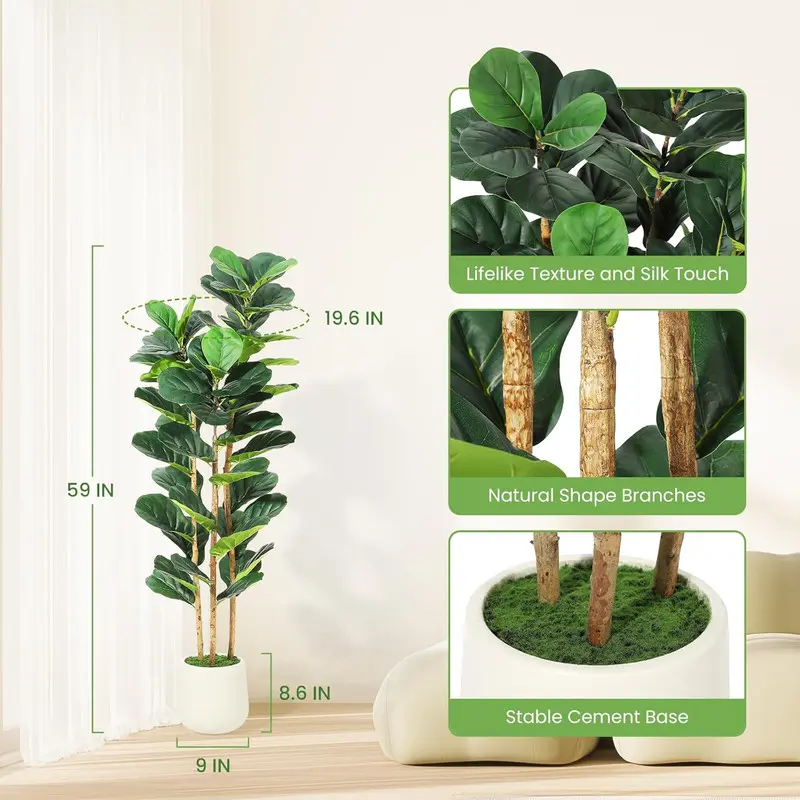 5Ft Faux Fiddle Leaf Fig Tree with White Pot – Lifelike Artificial Plant for Home, Office, or Outdoor Decor