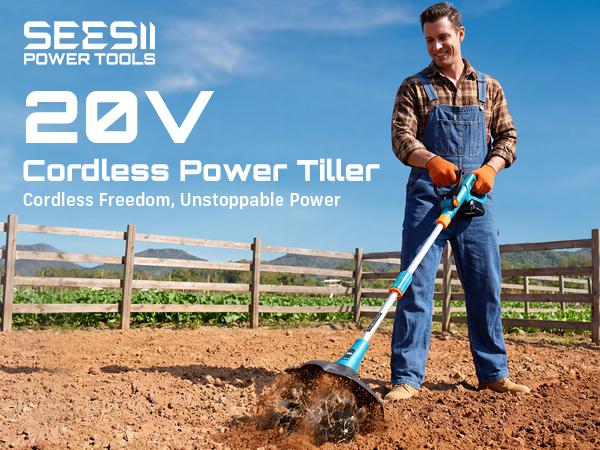 SEESII 20V Electric Tiller for Gardening 360 RPM Rototiller Cordless Cultivator 8000mAh Battery 4 Blades Handheld Tiller for Raised Beds Outdoorfun