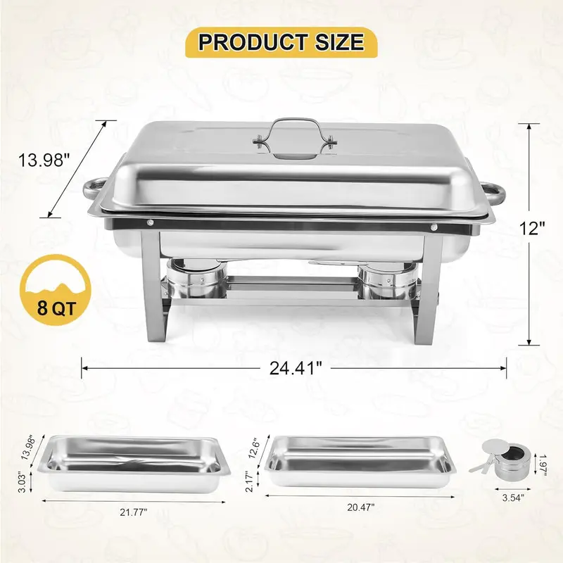 4-Pack 8QT Stainless Steel Chafing Dishes with Lids – Buffet Warmers for Parties, Catering, and Food Display