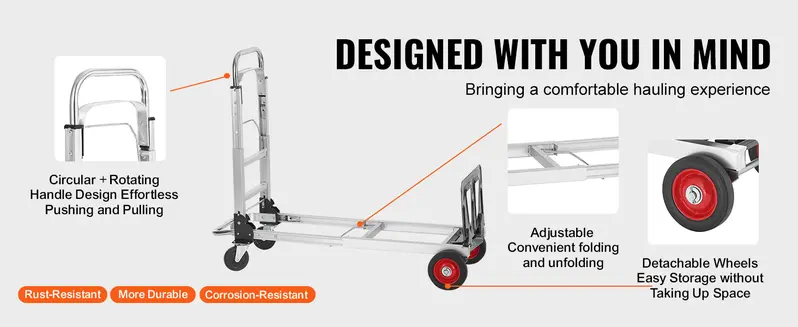 Product Introduction of VEVOR Aluminum Folding Hand Truck, TikTokShopBlackFriday, 2 in 1 Design Max 800 lbs Capacity, Heavy Duty Industrial Collapsible cart, Dolly Cart with Rubber Wheels for Transport and Moving in Warehouse, Supermarket, Garden 8
