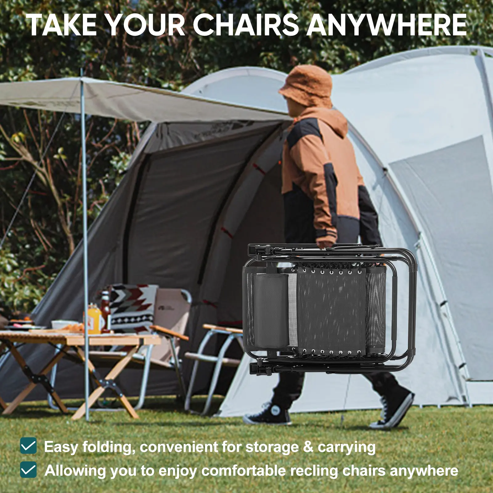 Set of 2 Zero Gravity Folding Lounge Chairs with Cup Holders & Adjustable Pillows