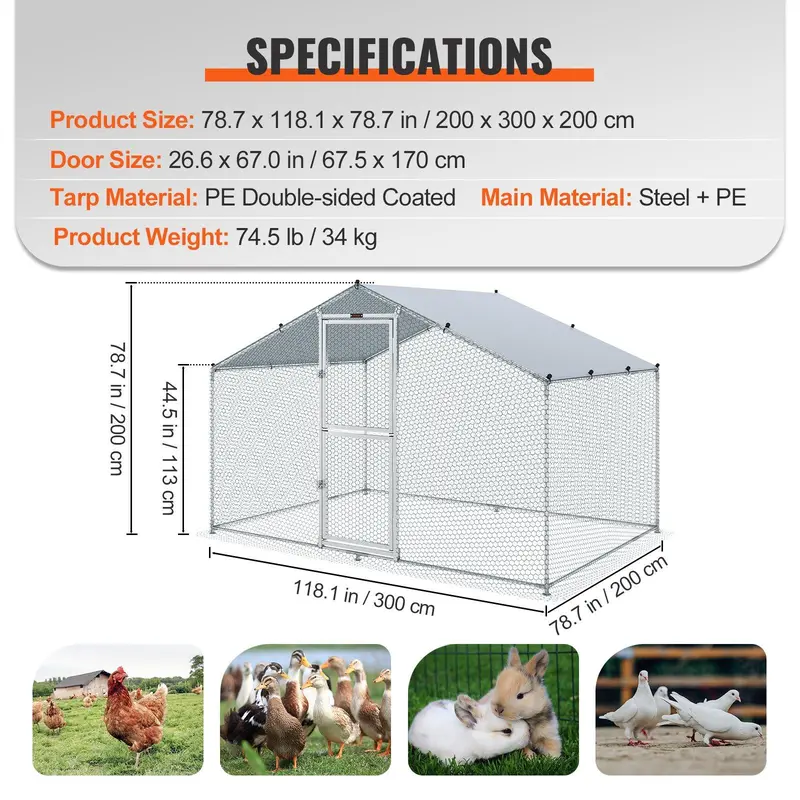 VEVOR Large Metal Chicken Coop, 9.8x12.9x6.6 ft Walk in Chicken Run for Yard with Waterproof Cover, Doom Roof Hen House with Security Lock for Outdoor and Backyard, Farm, Duck Rabbit Cage Poultry Pen