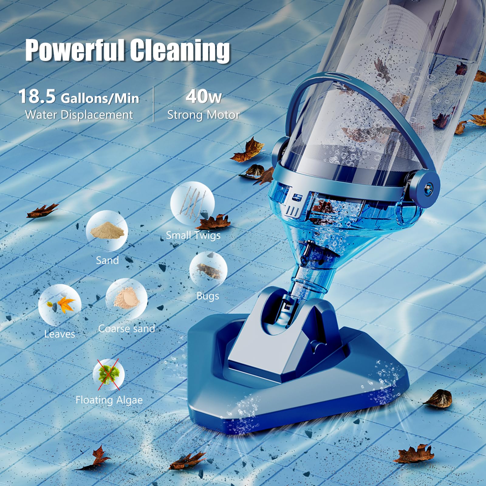 【Spring Cleaning】Enhulk New Upgrade PC18 Pool Vacuum for Above Ground Pool with Telescopic Pole, Running time up to 1H, Handheld Design with Powerful Suction up to 18.5 gallon/min Ideal for Leaves, Debris