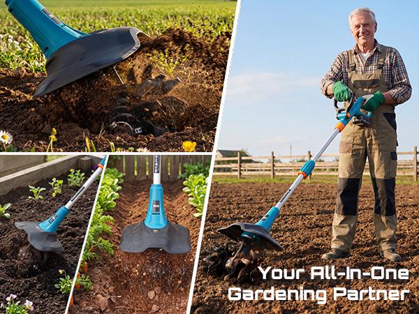 SEESII 20V Electric Tiller for Gardening 360 RPM Rototiller Cordless Cultivator 8000mAh Battery 4 Blades Handheld Tiller for Raised Beds Outdoorfun