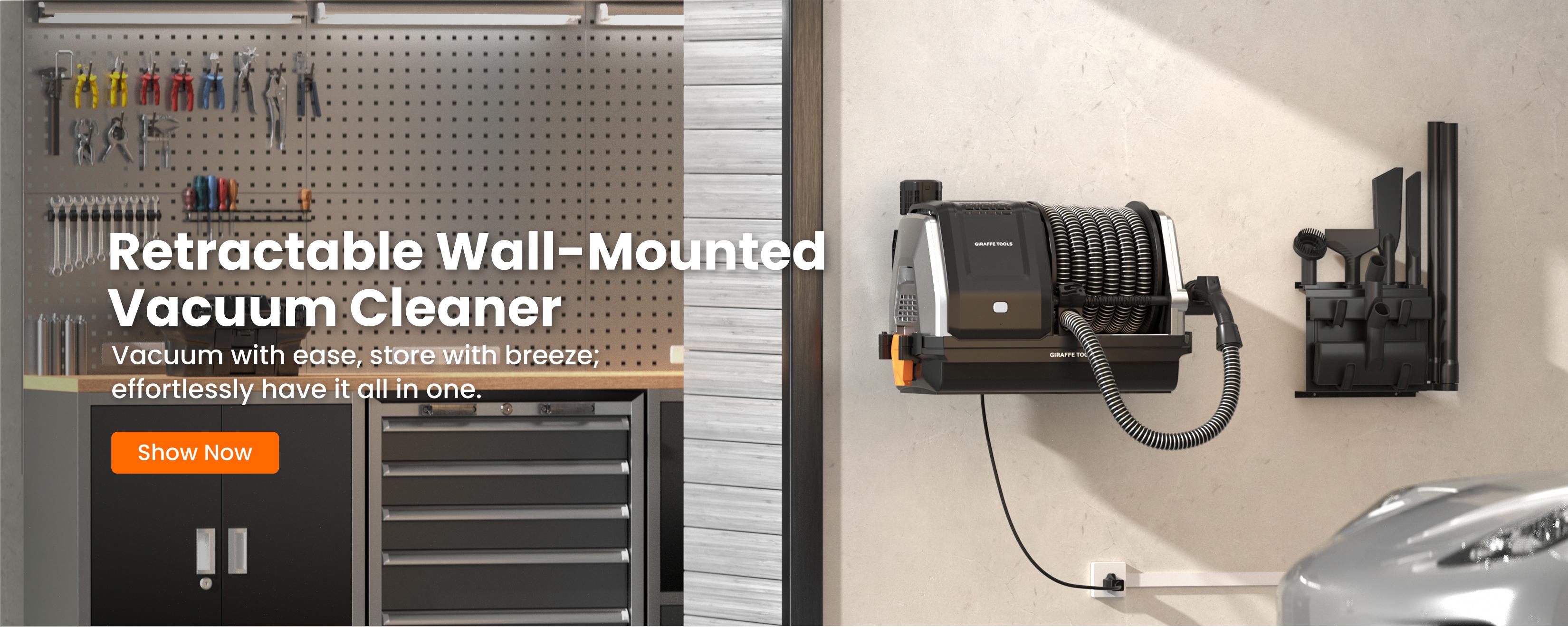 Giraffe Tools Grandstorm Vacuum Cleaner 30ft Retractable 20KPA Suction 6 Nozzles 4.5 Gallon Dustbin Wall Mounted Wet Dry Home Cleaning Solution