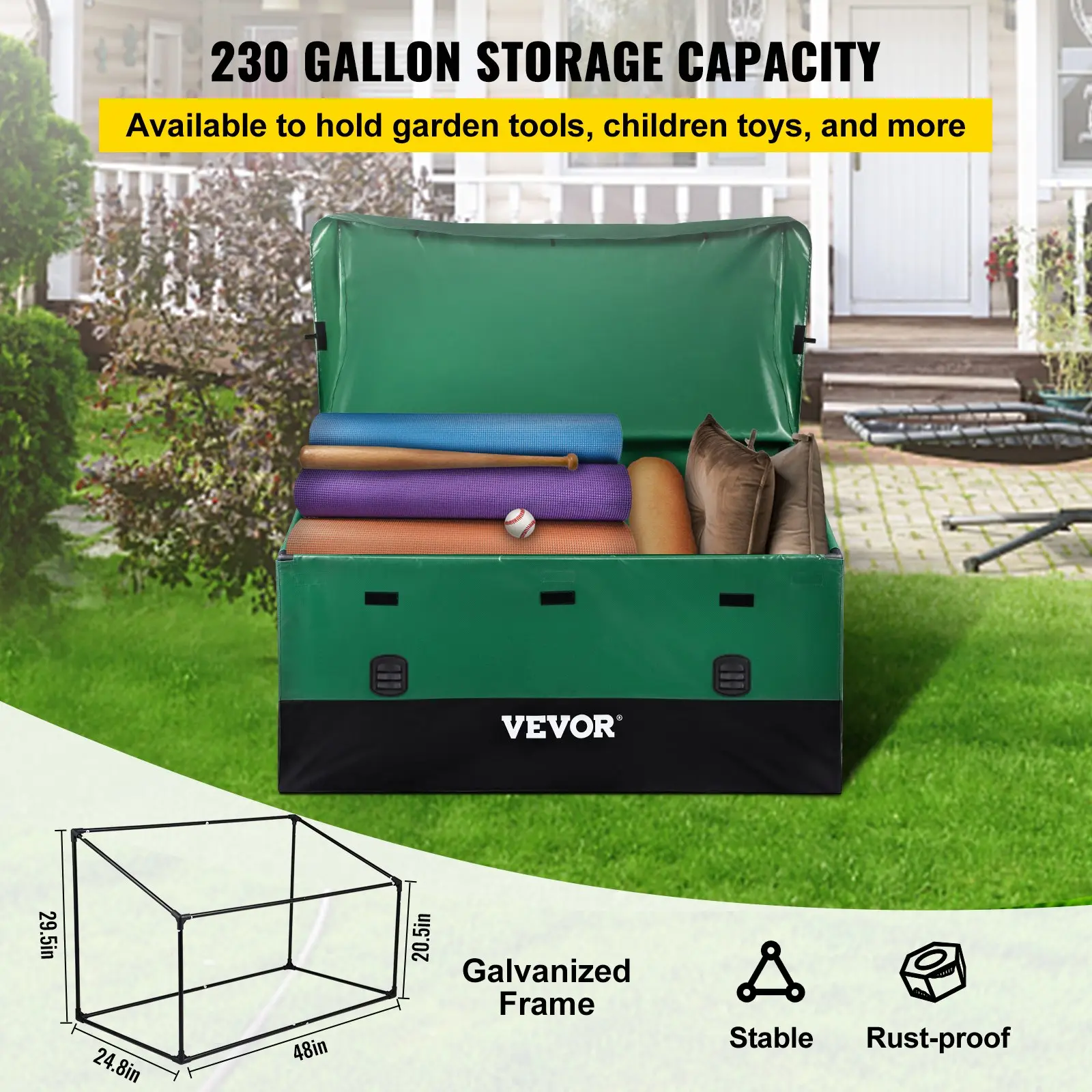 Outdoor Storage Box, TikTokShopBlackFriday, 100/150/230 Gallon Waterproof PE Tarpaulin Deck Box w/Galvanized Frame, All-Weather Protection & Portable, for Camping, Garden, Poolside, and Yard, Black & Green Organiser