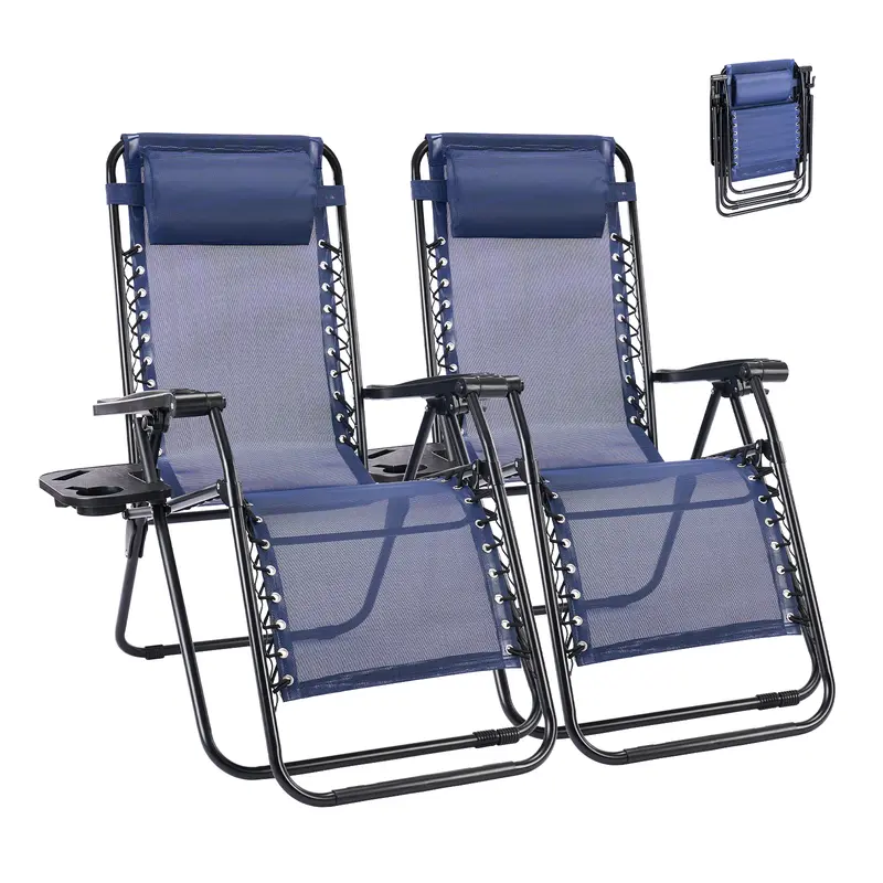 Set of 2 Zero Gravity Folding Lounge Chairs with Cup Holders & Adjustable Pillows