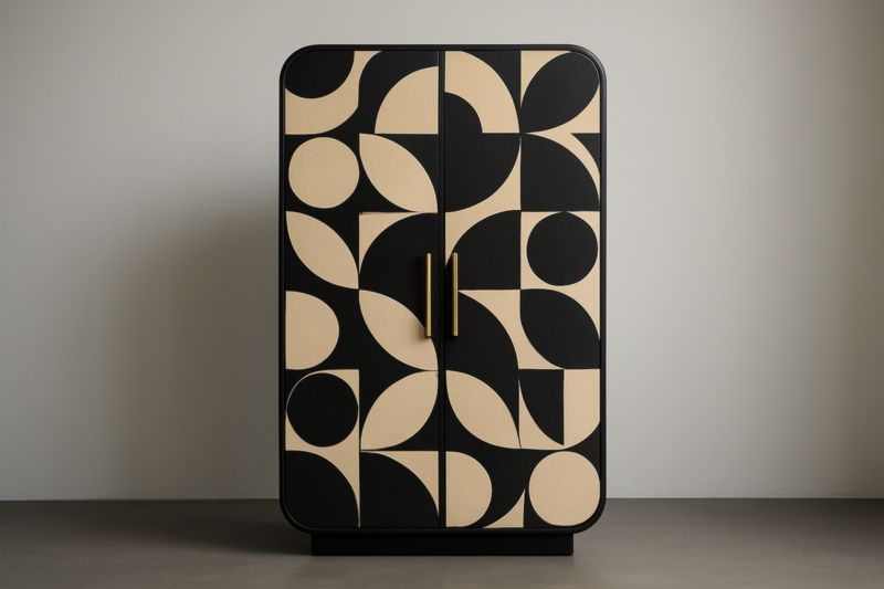 Armoire en bois MDF avec motifs géométriques noir et beige