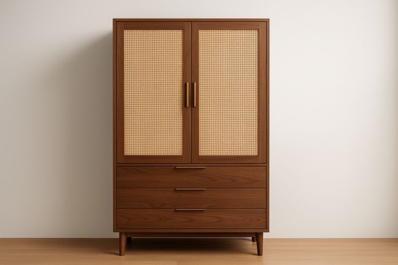 Armoire battante en MDF plaqué noyer avec portes en rotin et 3 tiroirs – 120×50×180 cm