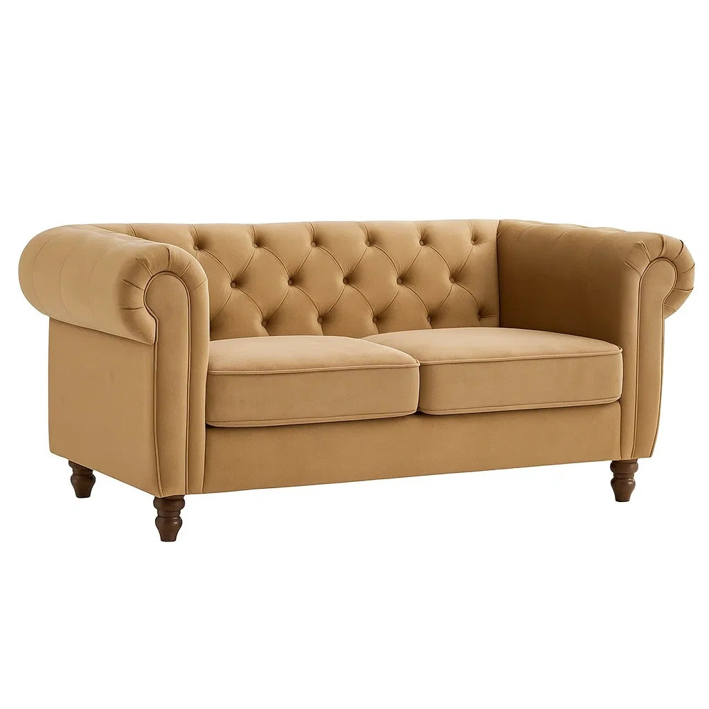 Sofa chesterfield zweisitzer samt goldgelb-nestlegend