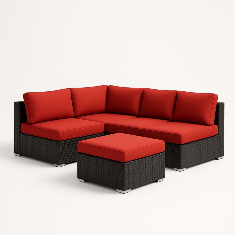 Canapé d'Angle Extérieur en Résine Tressée avec Coussins Rouges