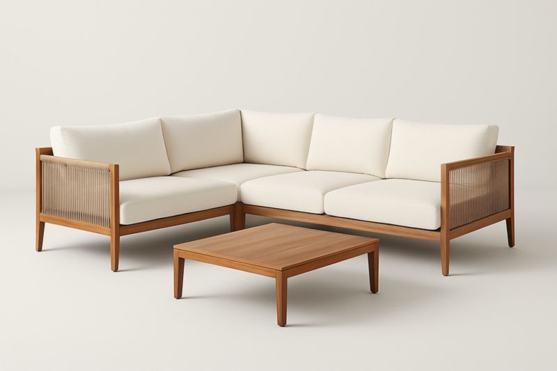 Canapé d'angle en bois et tissu crème avec table basse