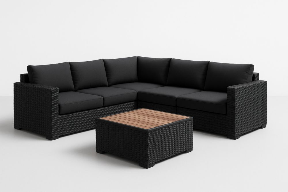 Ensemble de salon extérieur en résine tressée noire avec table basse en bois