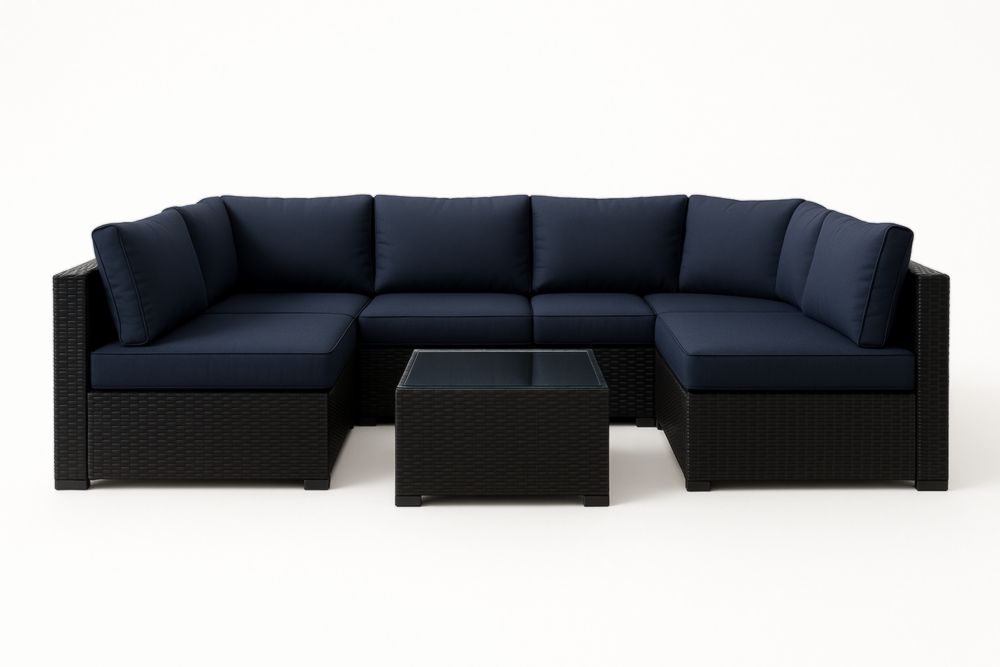 Ensemble de salon de jardin en résine tressée avec coussins bleu marine