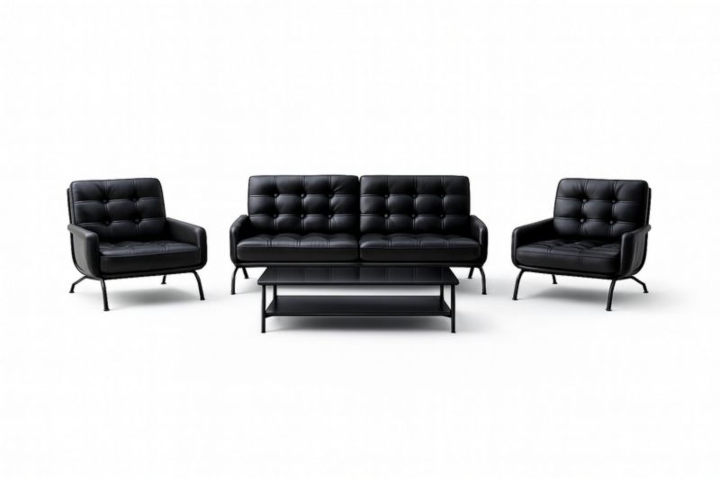 Ensemble Salon Simili Cuir Noir 3 Places avec Table Basse Métal