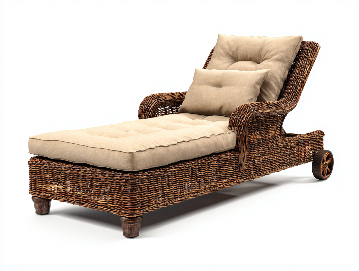 Sonnenliege - Rattan-Holz-Metall-Textil - 204x74x95 cm - Natur-Beige - Landhausstil-Pinegonest