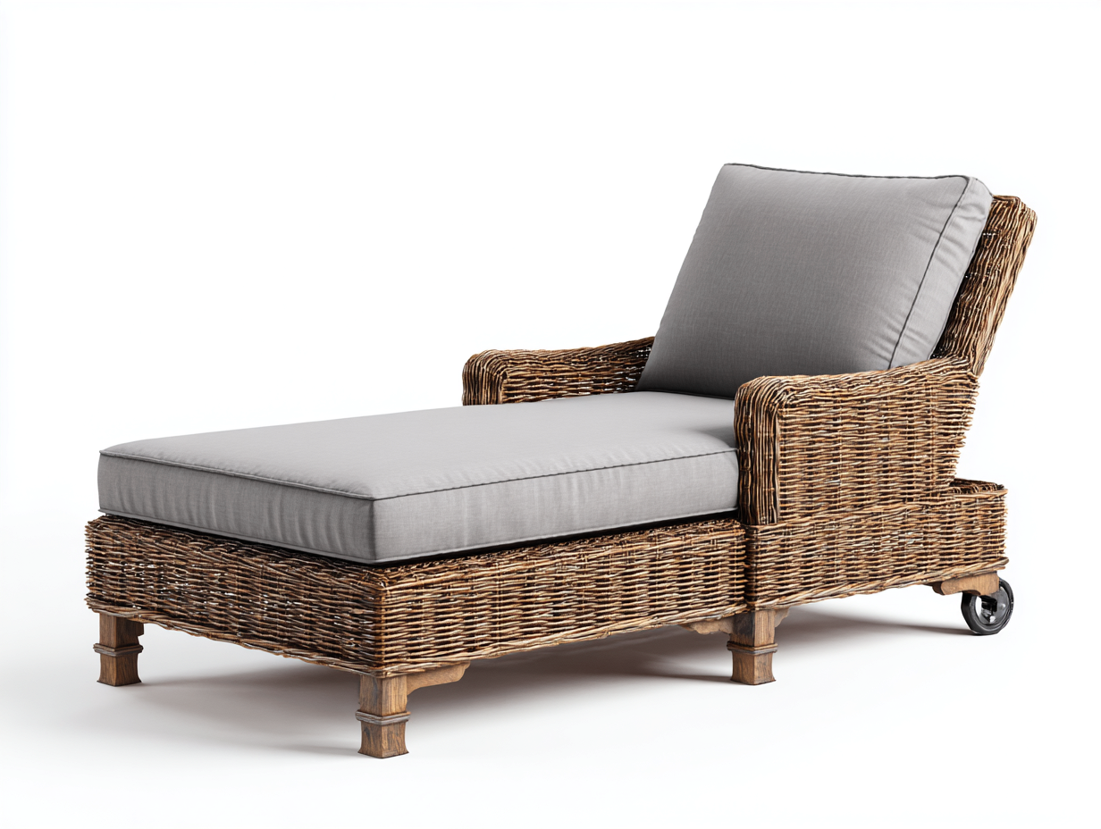Sonnenliege - Rattan-Holz-Textil - 193x70x94 cm - Natur-Grau - Vintage-Stil-Pinegonest