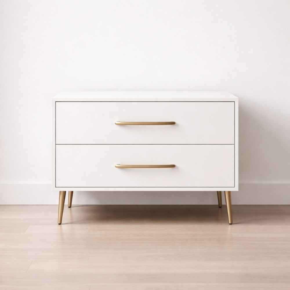 Commode blanche avec pieds en métal et deux tiroirs