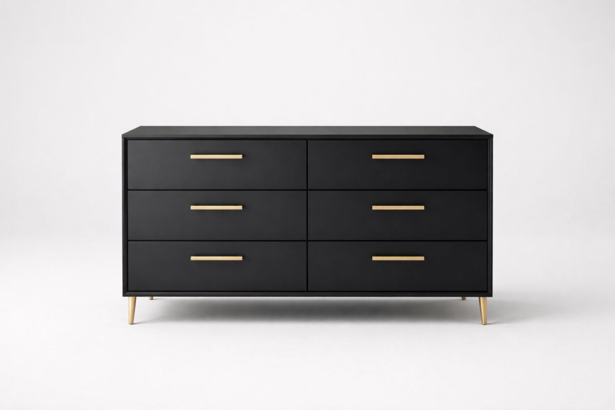 Commode 6 tiroirs en MDF noir avec poignées et pieds en aluminium doré 140x45x80 cm