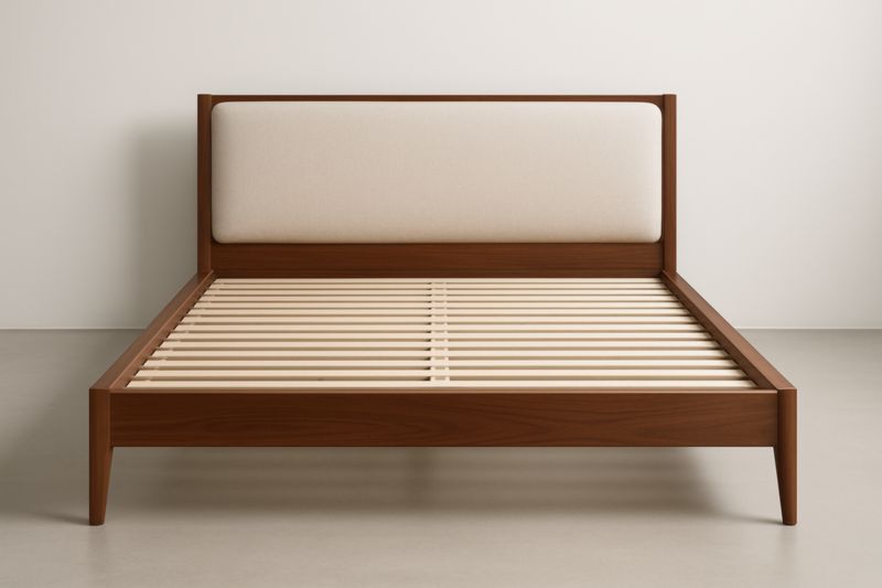 Lit double en bois avec tête de lit rembourrée en tissu