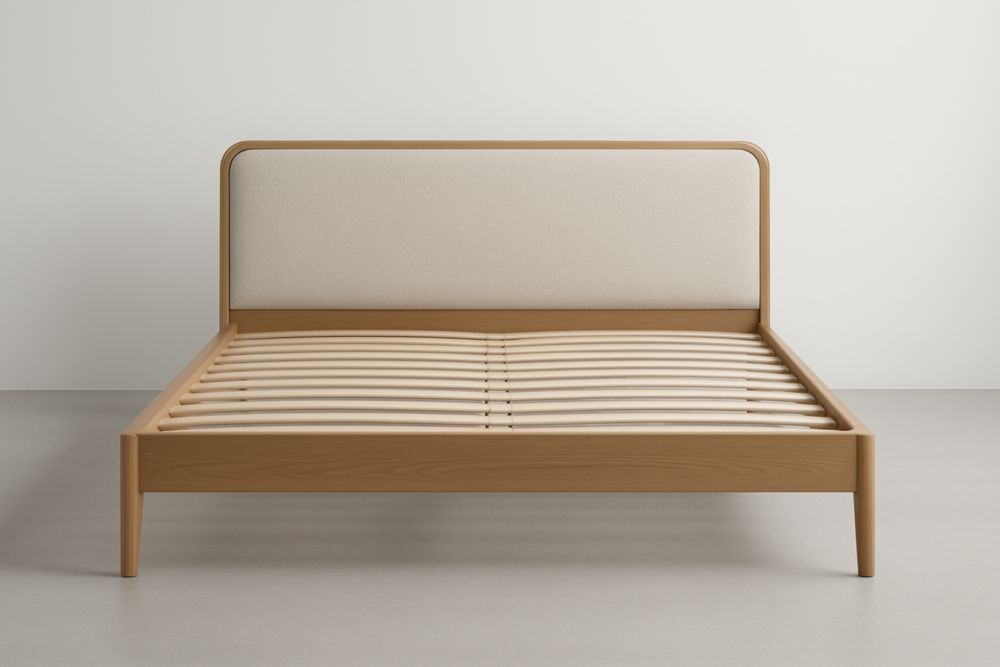 Lit double en bois avec tête de lit en tissu beige 200x160 cm