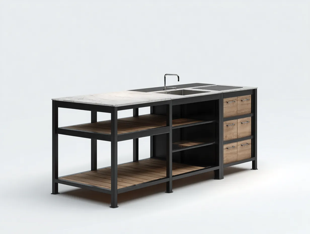 Islas de cocina con fregadero encimera efecto piedra 180x75x92 cm - negro y madera - estilo industrial funcional-Pineuphome