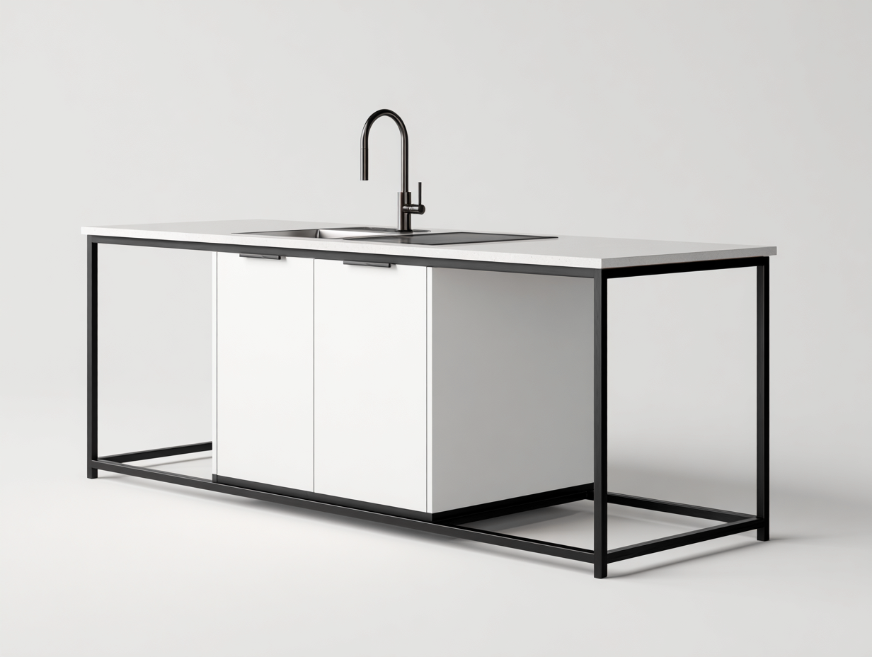 Islas de cocina metal-madera 180x60x90 cm blanco-negro - diseño moderno con fregadero integrado-Pineuphome