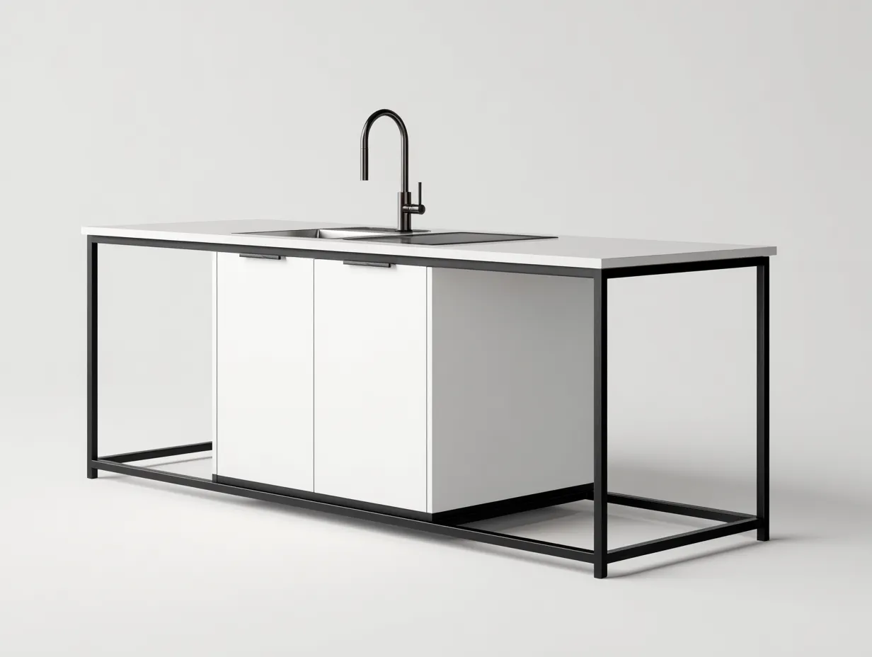 Islas de cocina metal-madera 180x60x90 cm blanco-negro - diseño moderno con fregadero integrado-Pineuphome