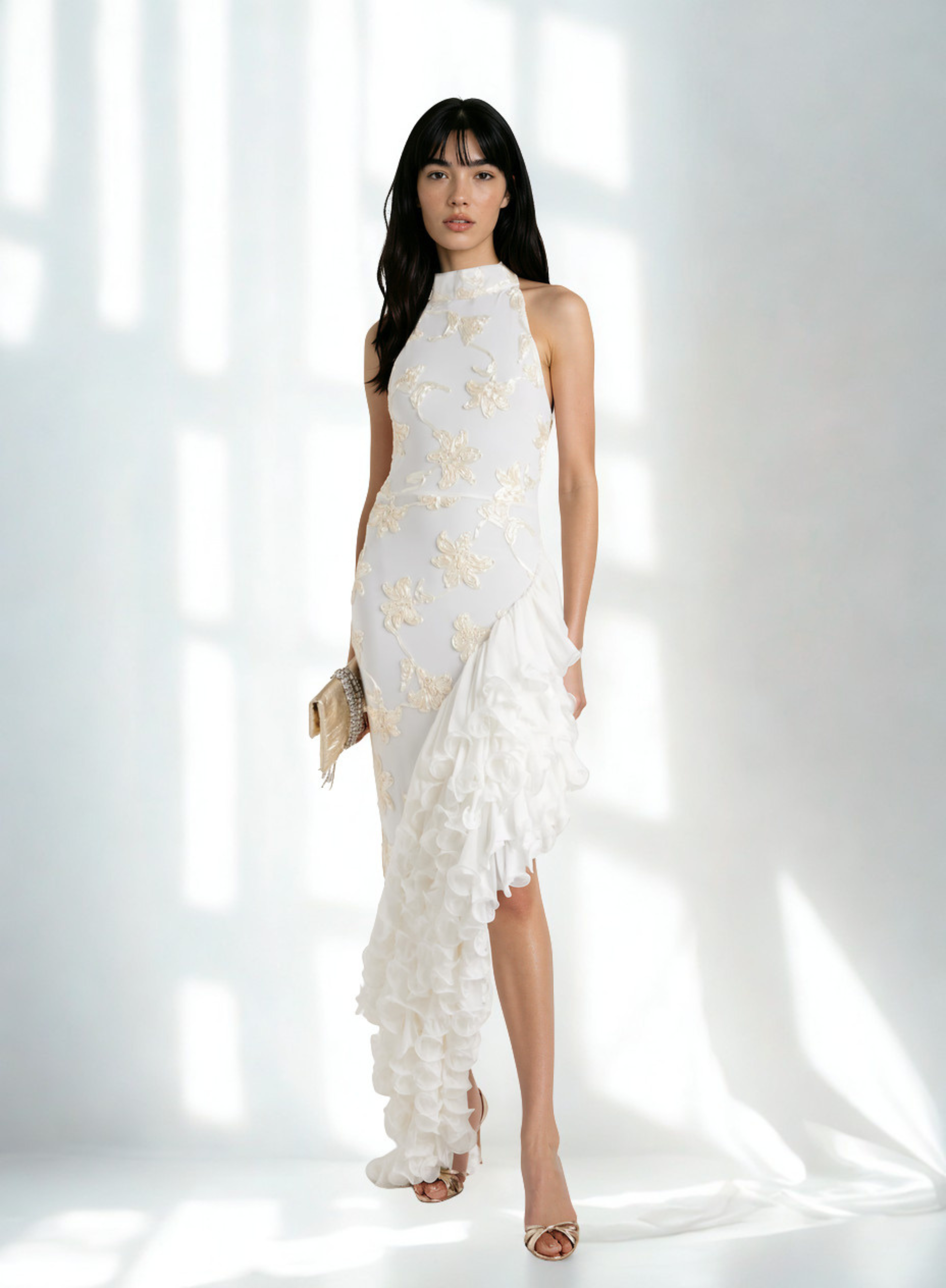 Thesxos Neutral Asymmetrical Ruffled Floral Midi Dress