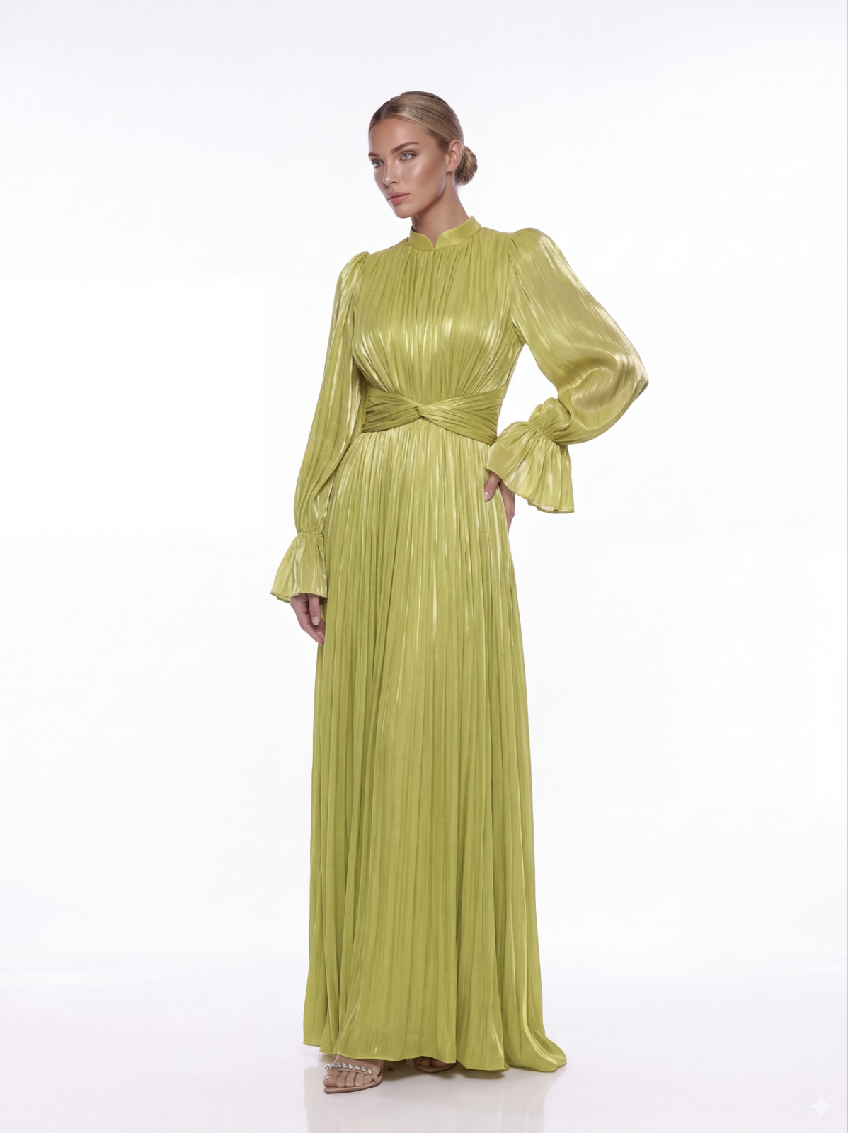 Hustine  Shimmer Lime Pleated Maxi Dress 