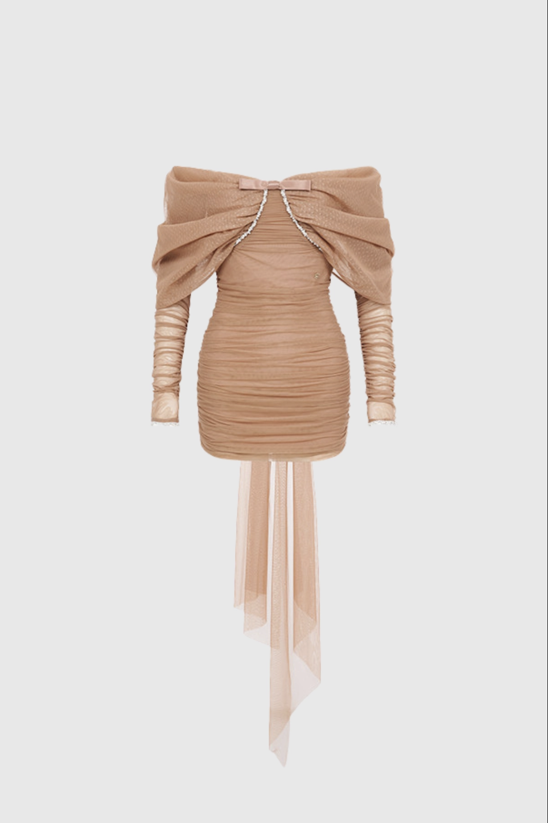 Olesya Off Shoulder Mesh Mini Dress In Brown