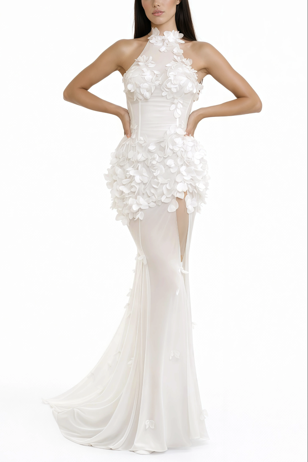 Fflur Flower High Split Mesh Maxi Dress