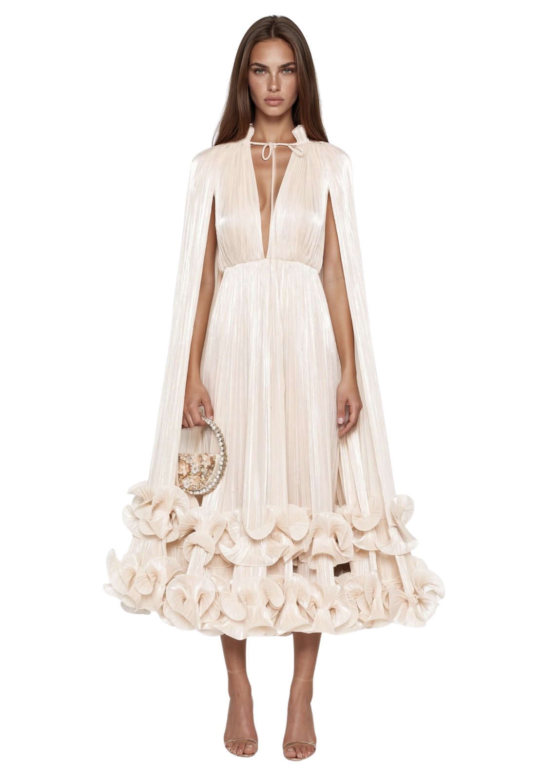 Gelsomina Neutral Cape Pleated Midi Dress