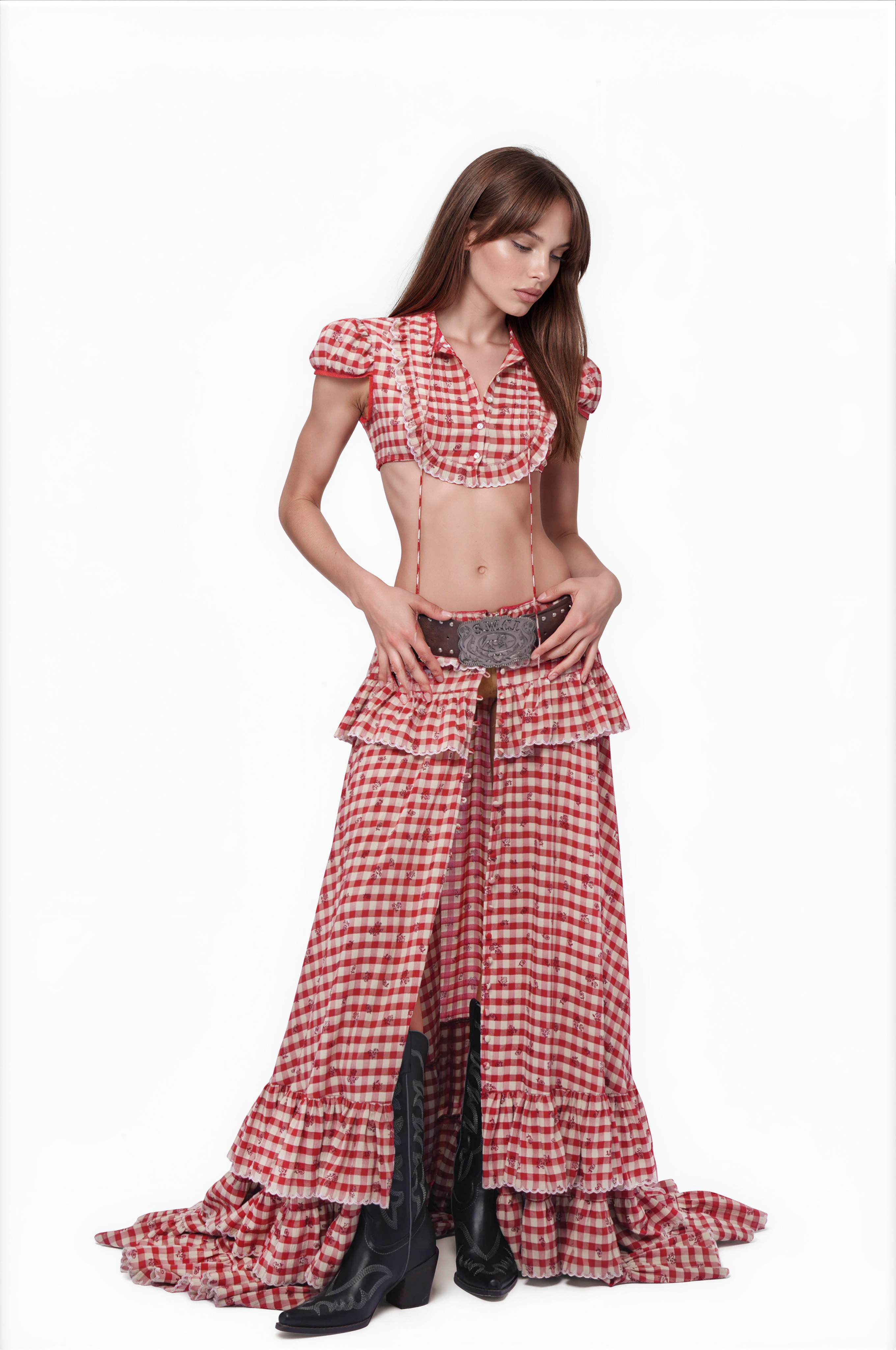 Heasther Grid Crop Skirt Set