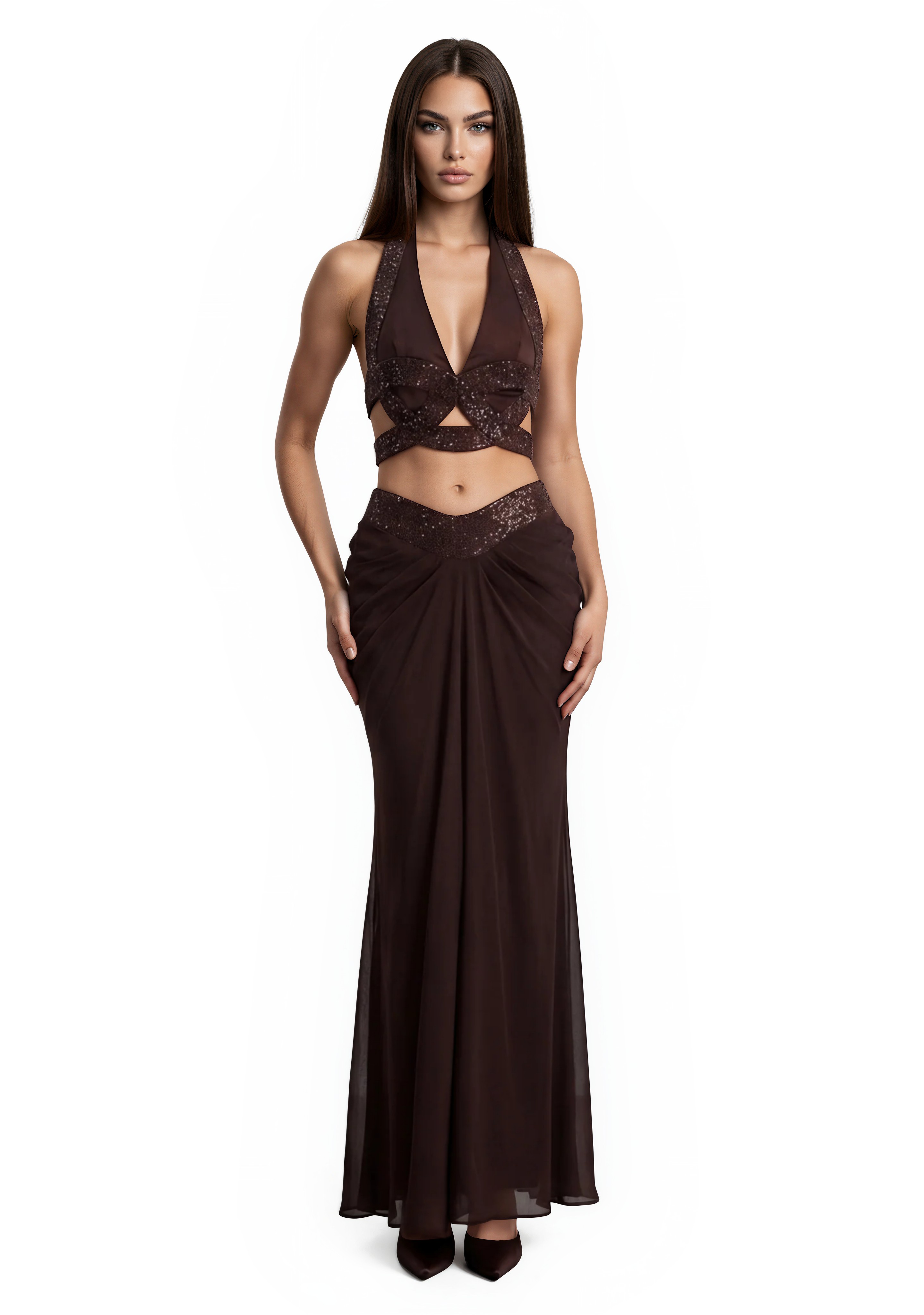 Minerva Halter Neck Draped Skirt Set