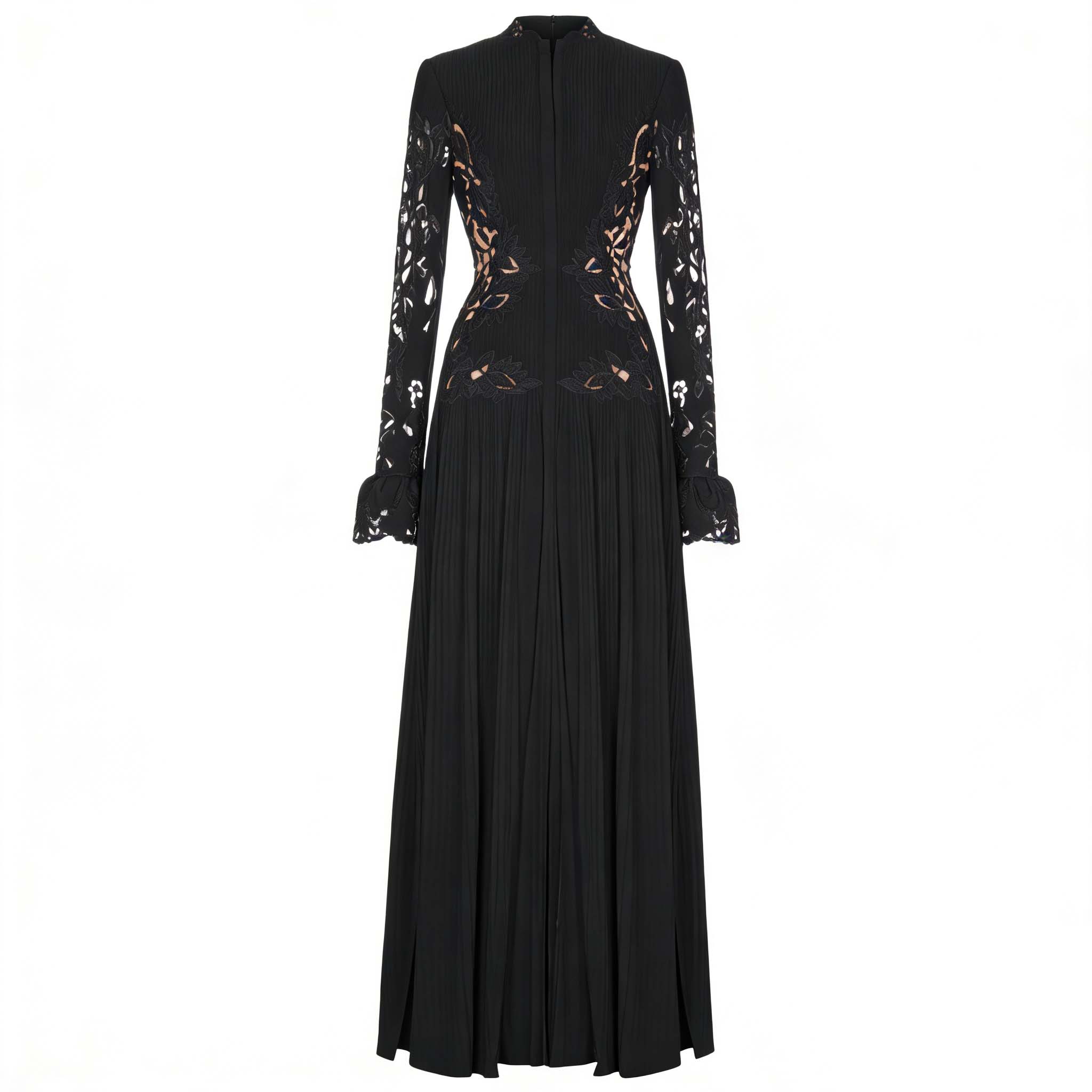 Saffron Black Lace Panel Pleated Midi Dress