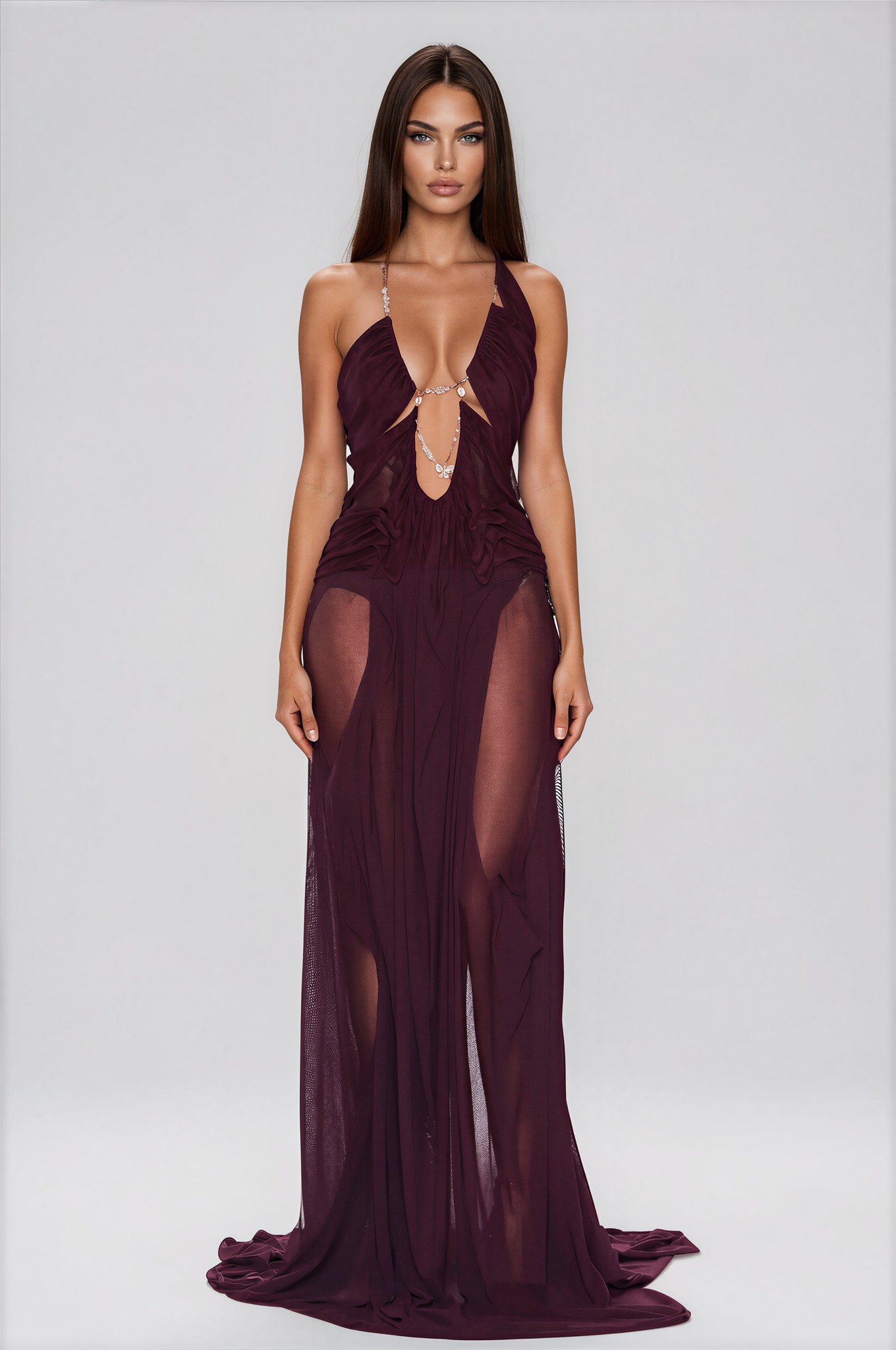 Dermot Plunge Chain Asymmetric Maxi Dress In Deep Purple