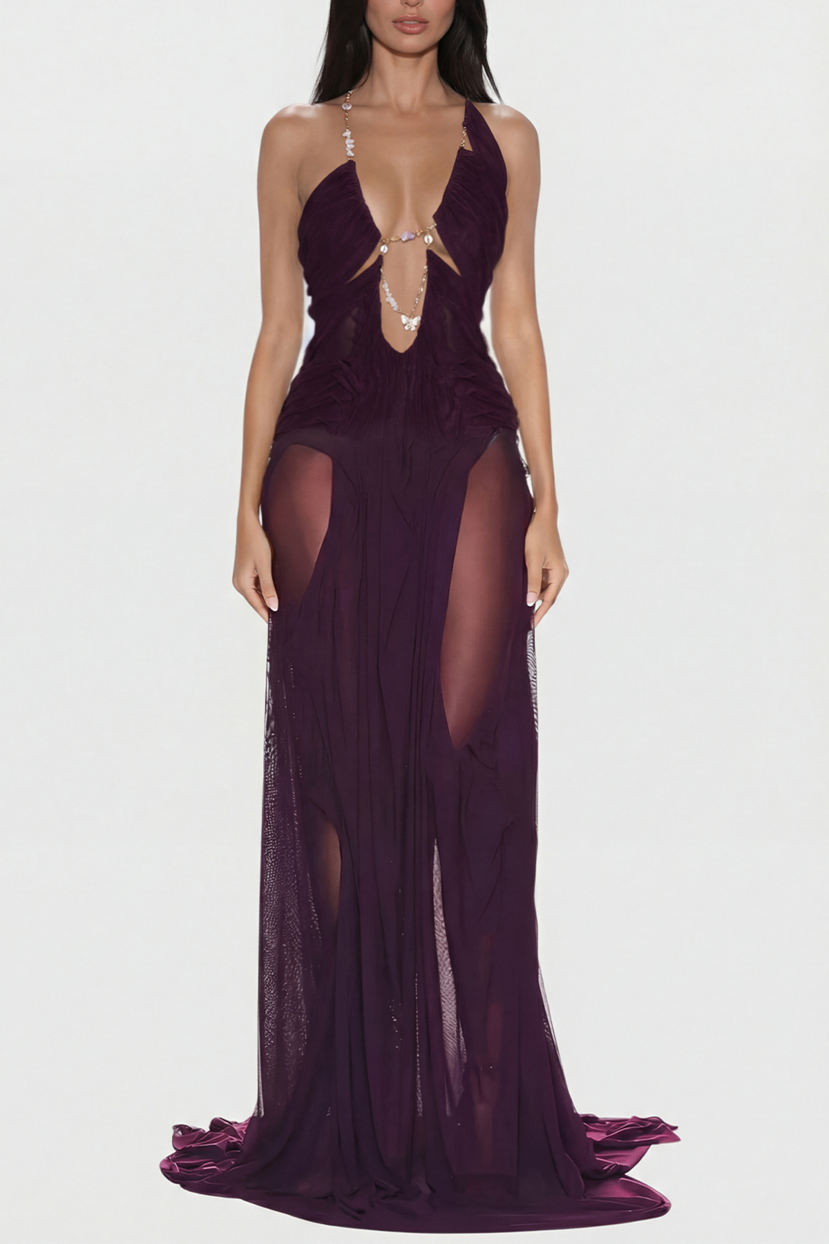 Dermot Plunge Chain Asymmetric Maxi Dress In Deep Purple