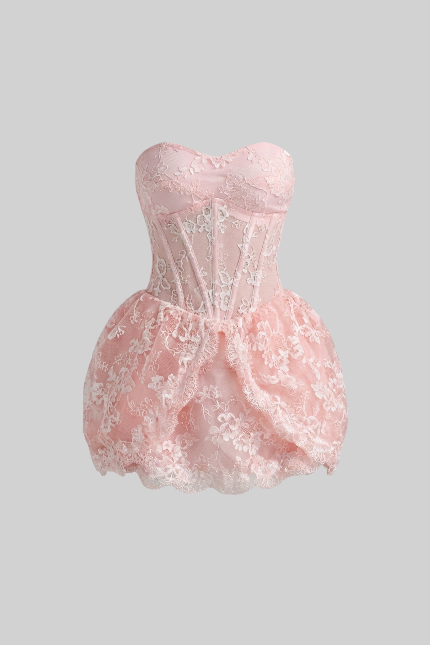 Lumi Lace Mini Dress With Corset Bodice And Bubble Hem Skirt - Blush Pink