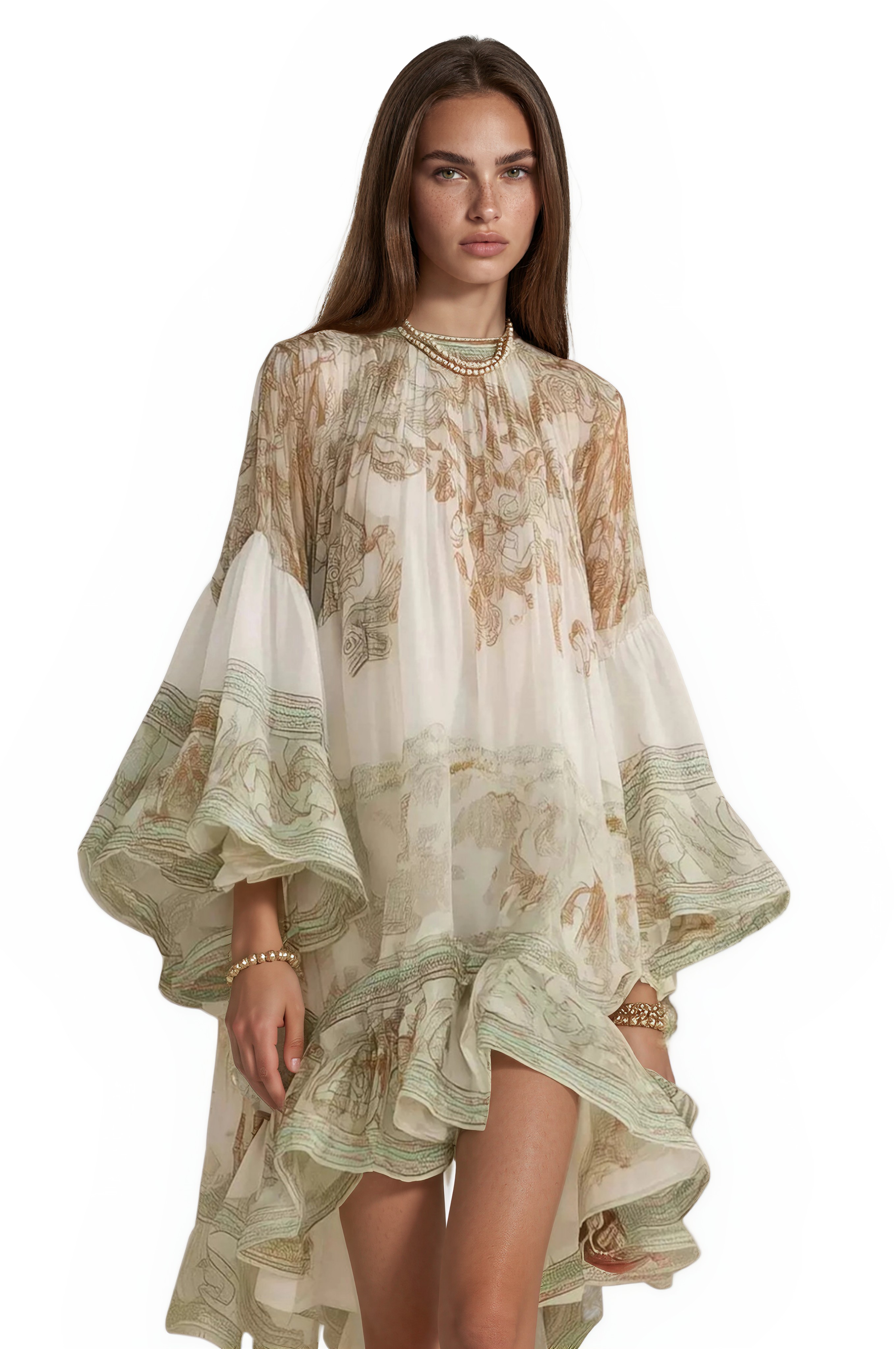 Hermanus Bell Sleeve Print Ruffle Mini Dress