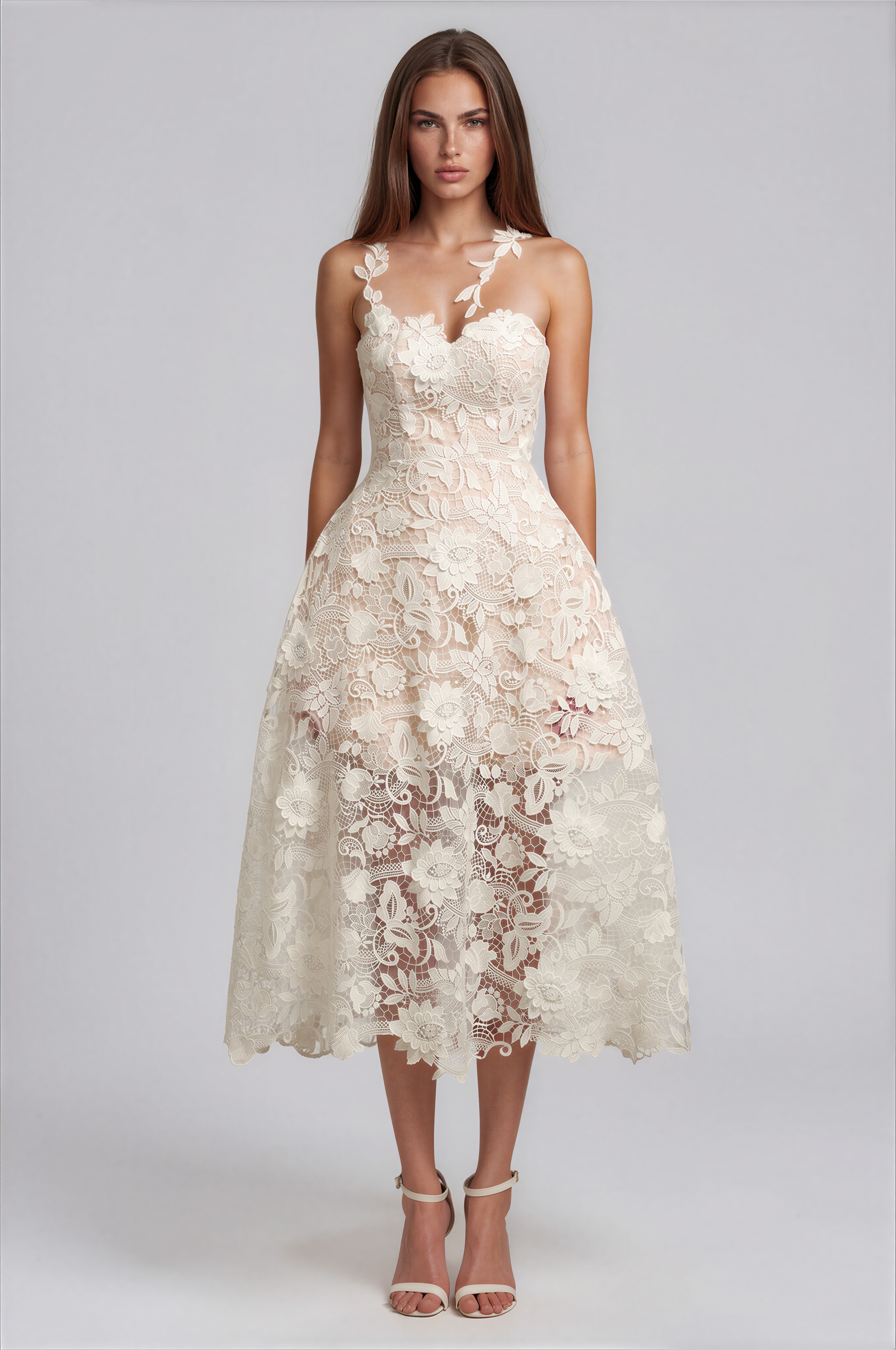 Nathalie White Lace Illusion Midi Dress