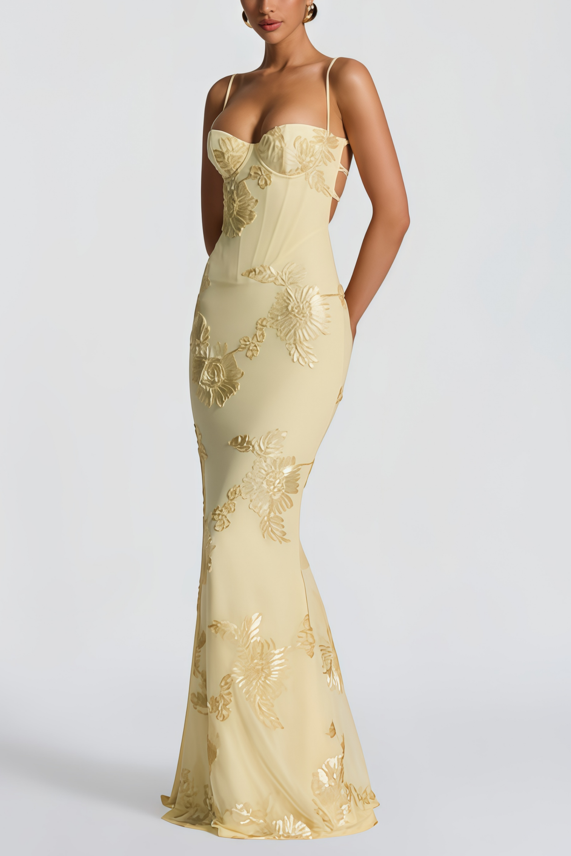 Bernice Yellow Floral Appliqué Corset Maxi Dress