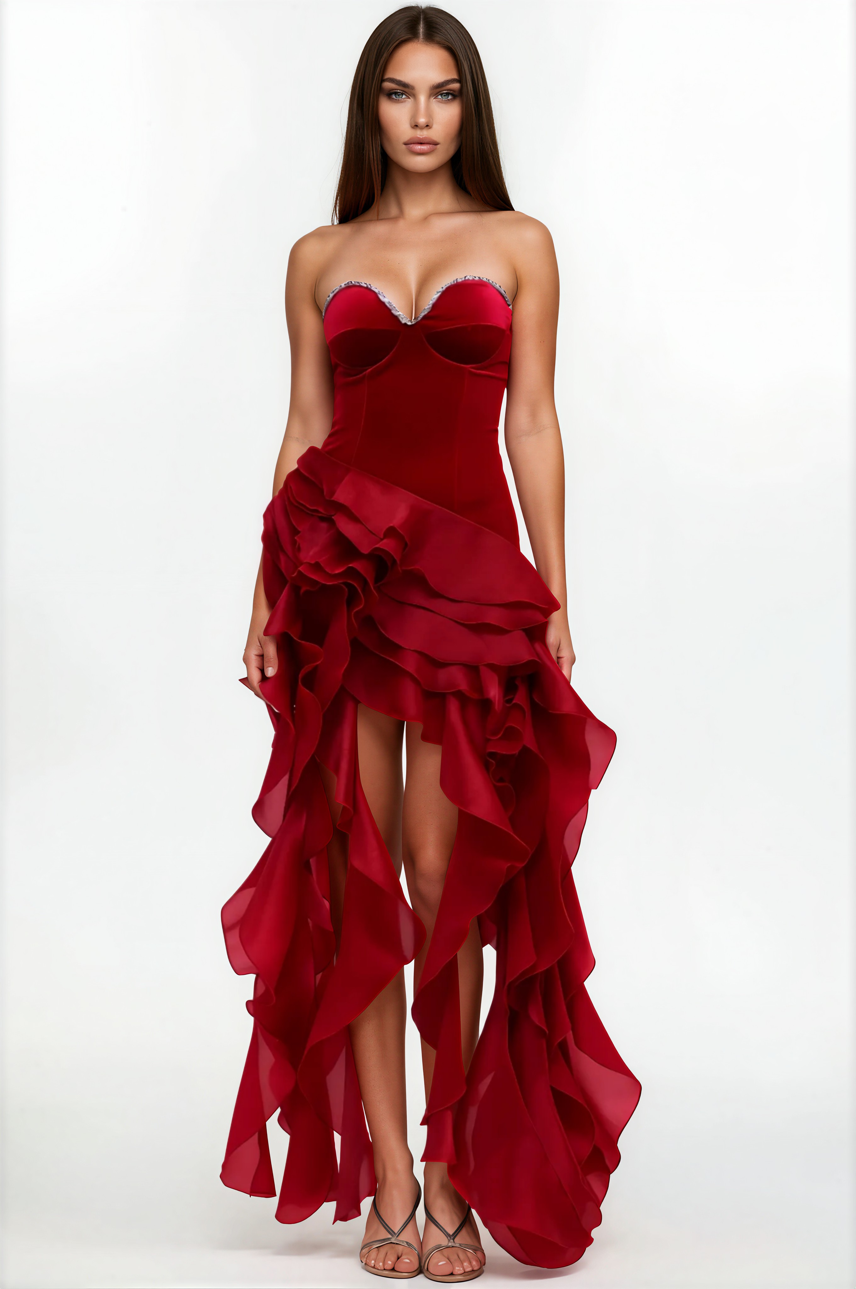 Meagan Red Strapless Ruffled Maxi Dress