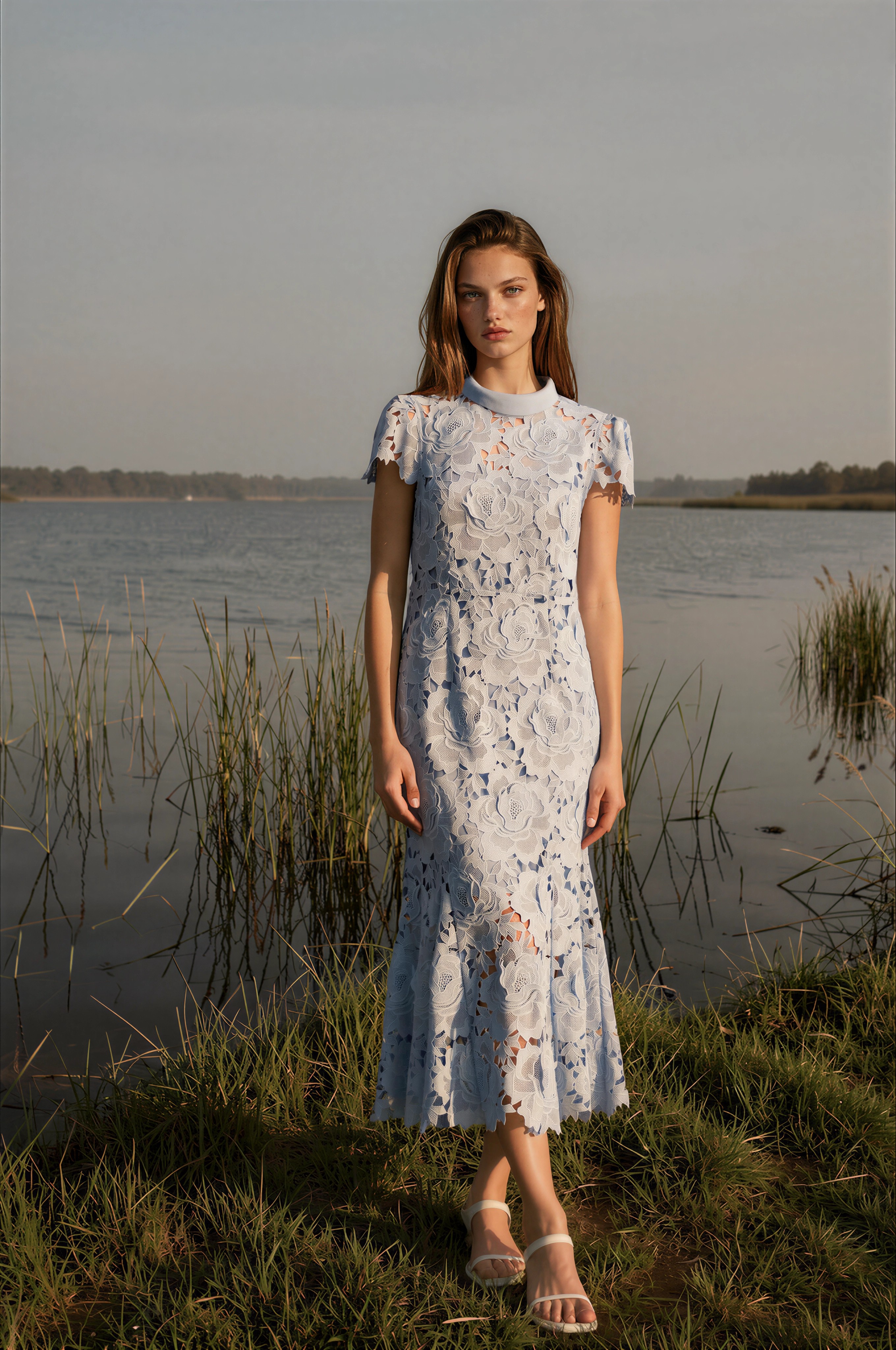 Asmantho Blue Floral Appliqué Lace Midi Dress