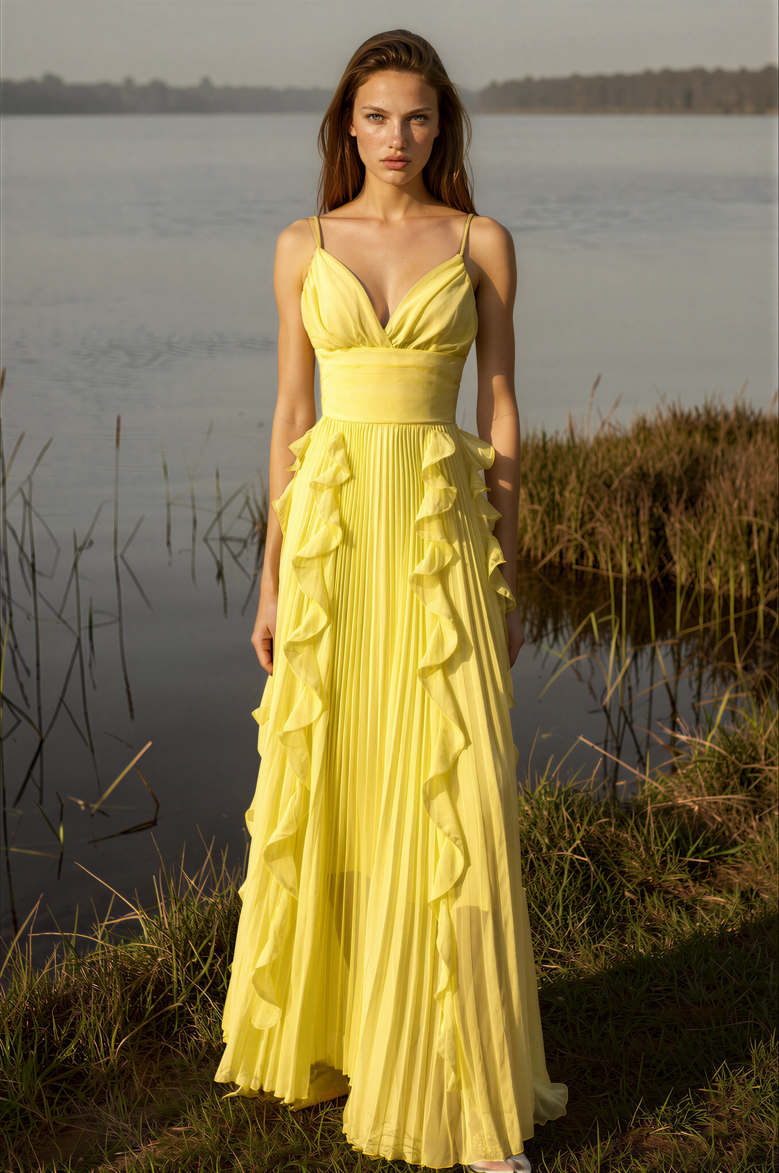 Eline Yellow Crinkled Ruffled Maxi Dress