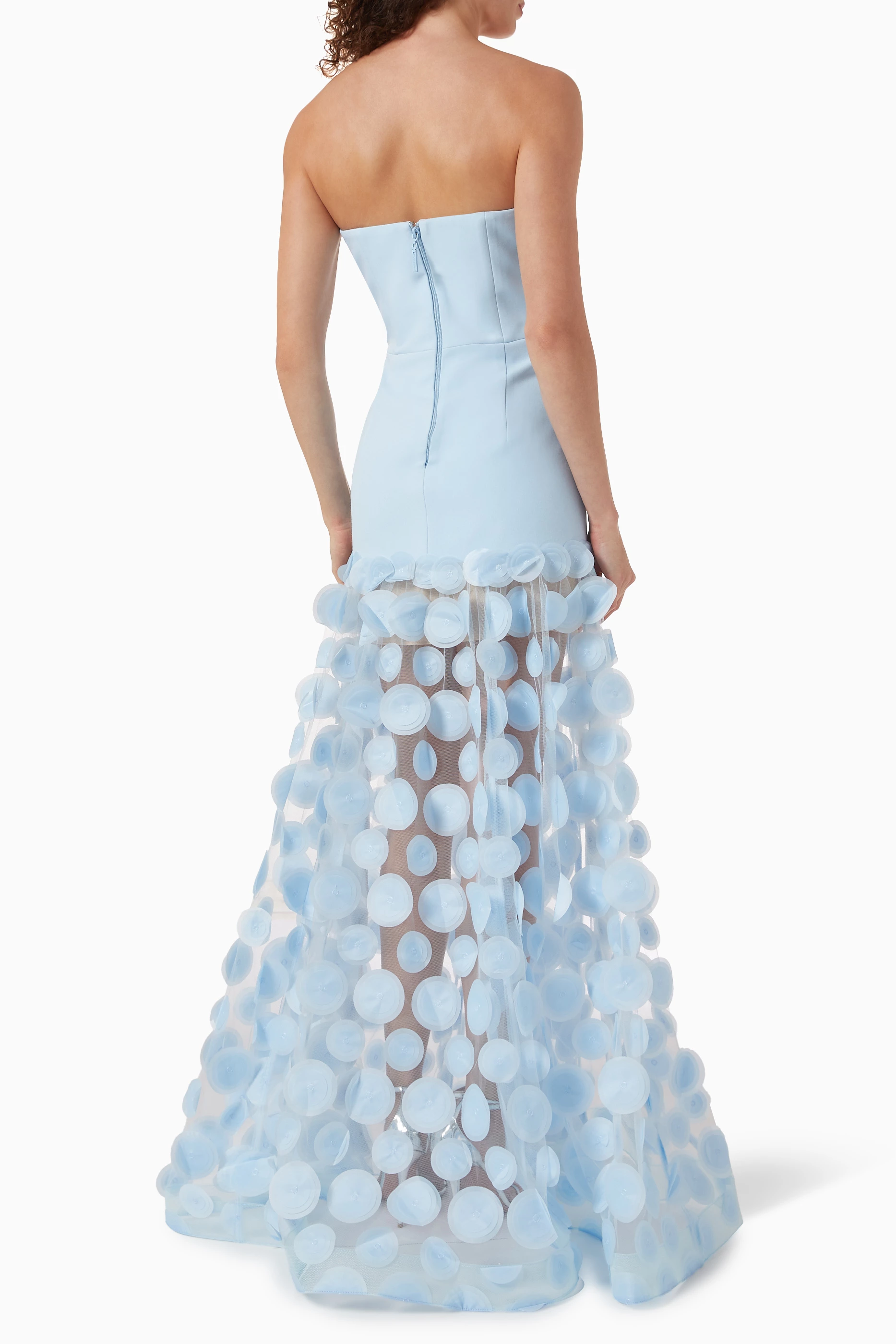 Fizzay Strapless Dot Mesh Maxi Dress In Blue