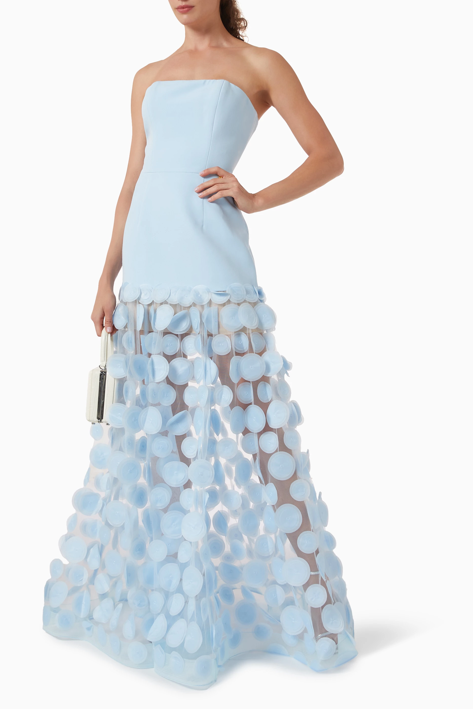 Fizzay Strapless Dot Mesh Maxi Dress In Blue