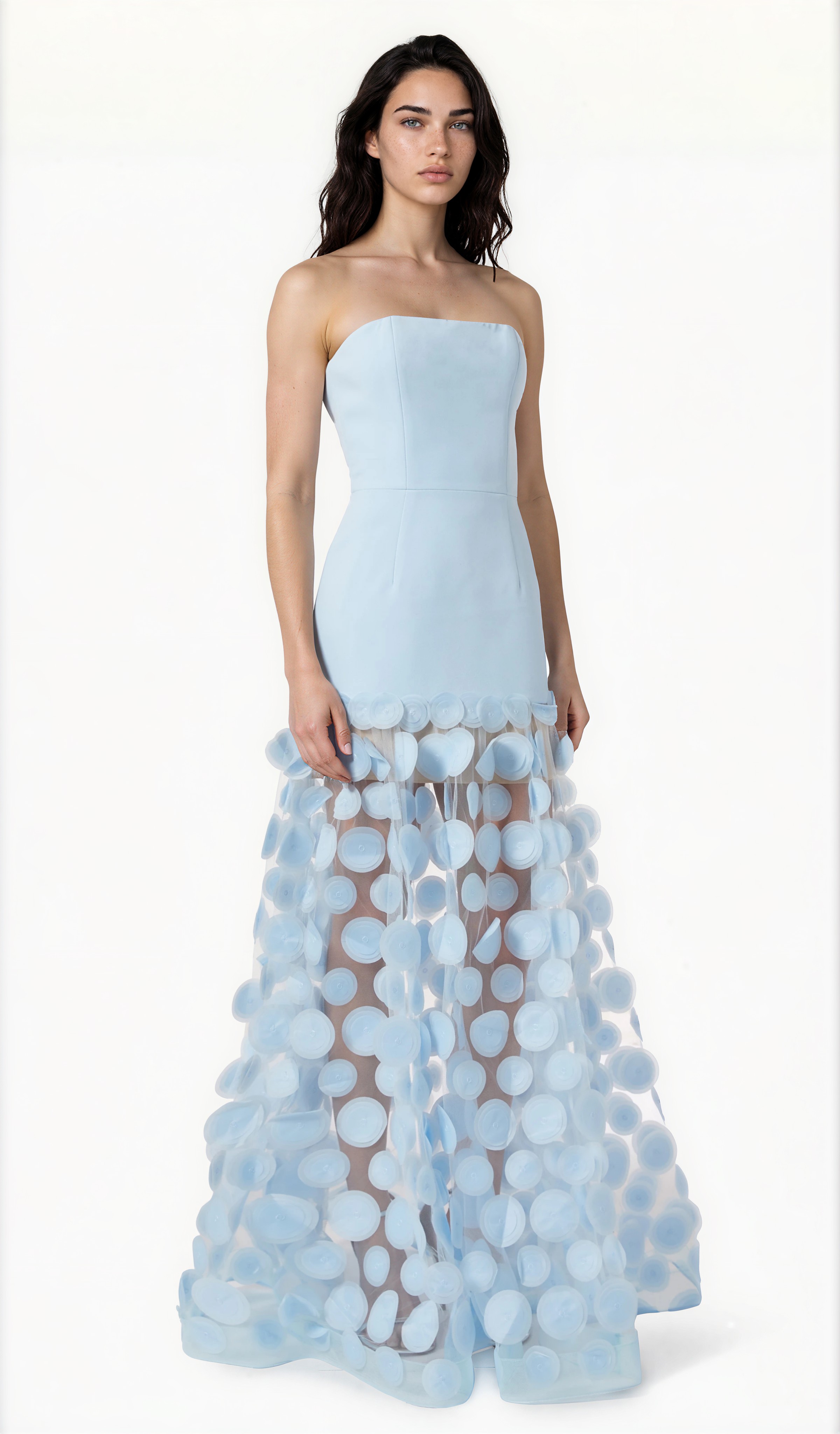 Fizzay Strapless Dot Mesh Maxi Dress In Blue