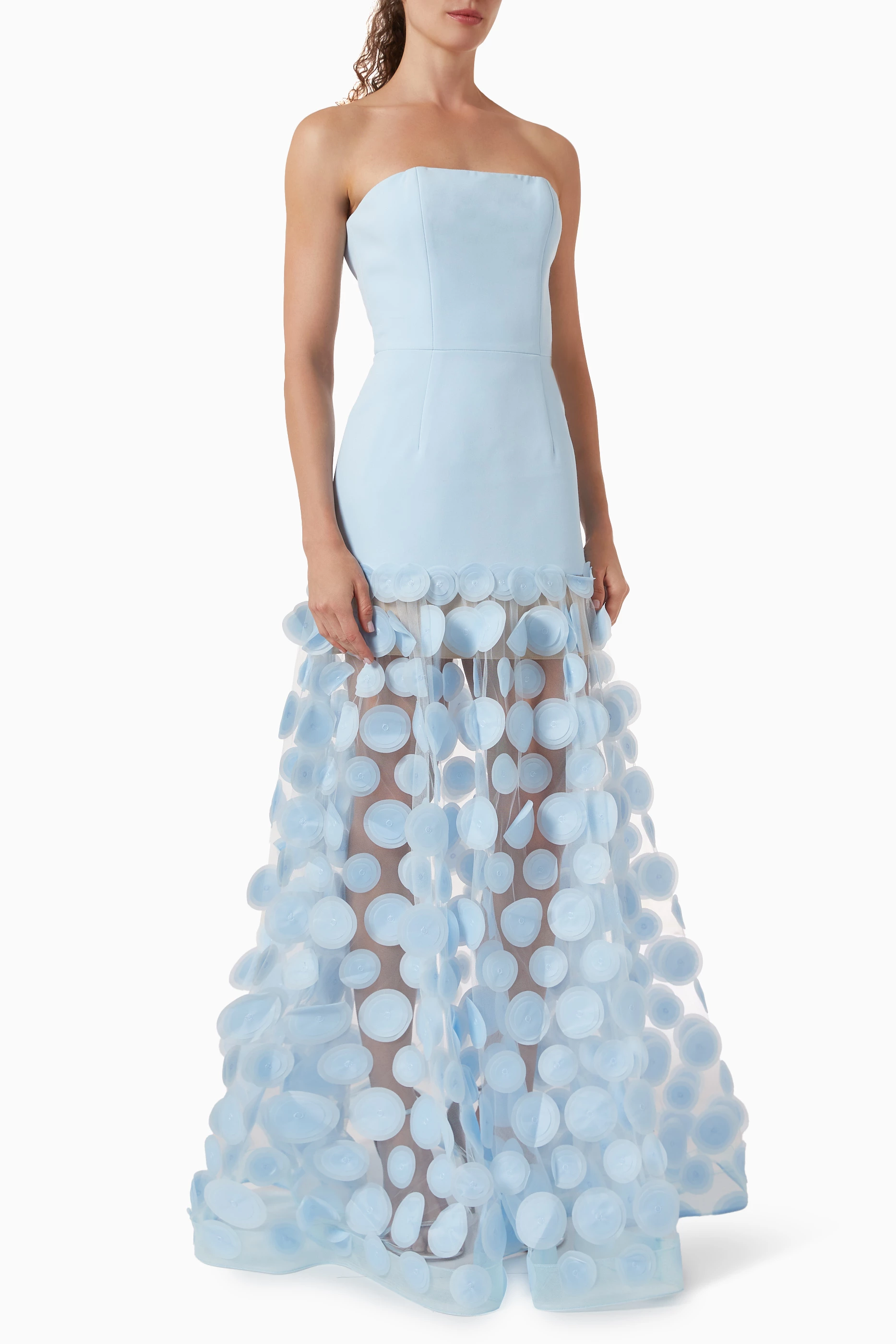 Fizzay Strapless Dot Mesh Maxi Dress In Blue
